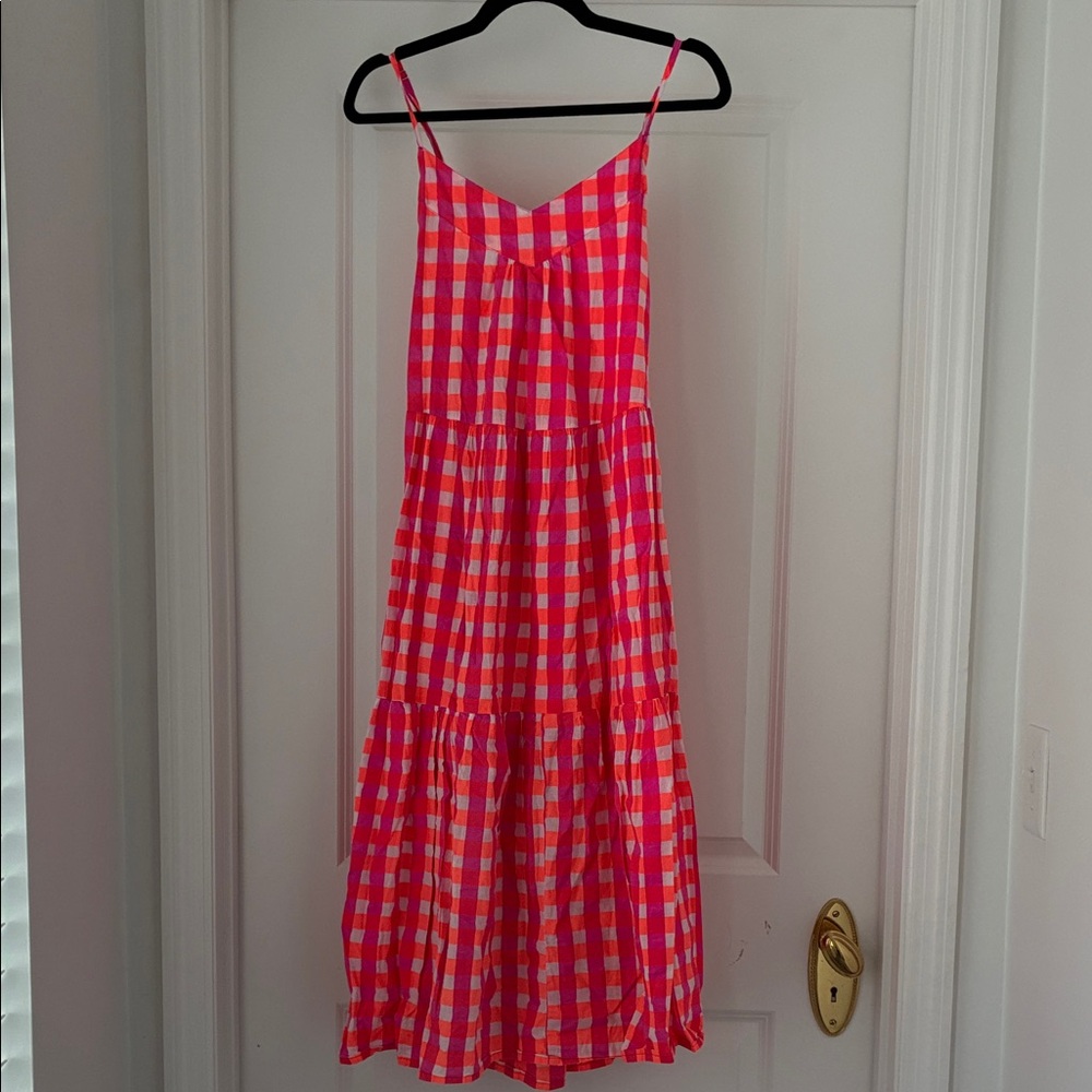 Neon Pink and White Checkered Midi Dress